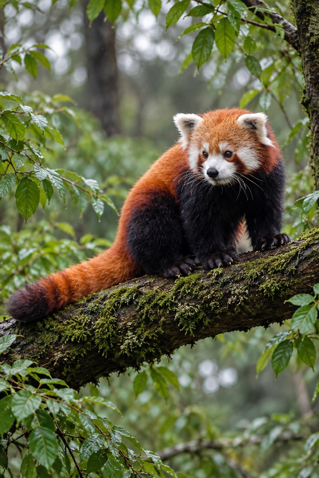 A red panda on a mossy branch
