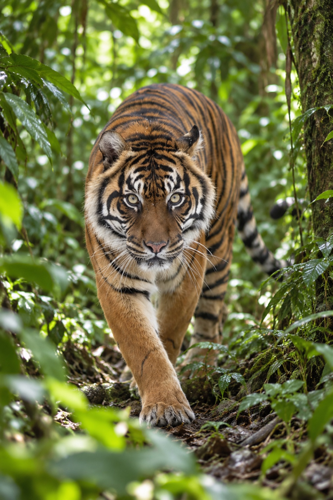 A Sumatran tiger in green jungle foliage